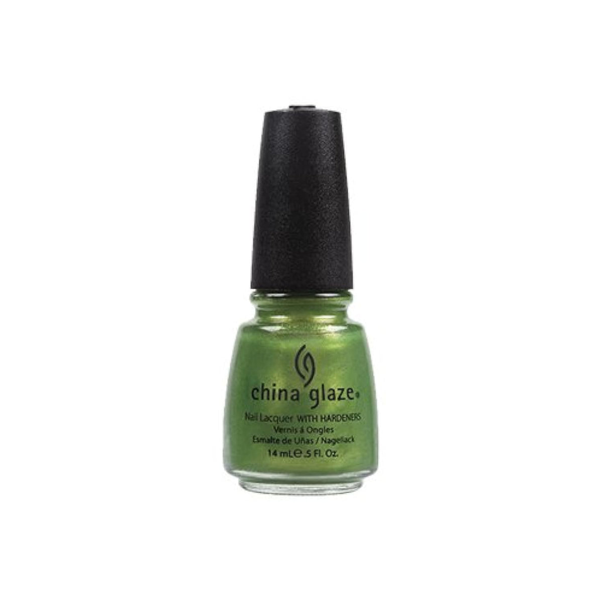 Bottle of olive green shimmer nail lacquer with a black cap
