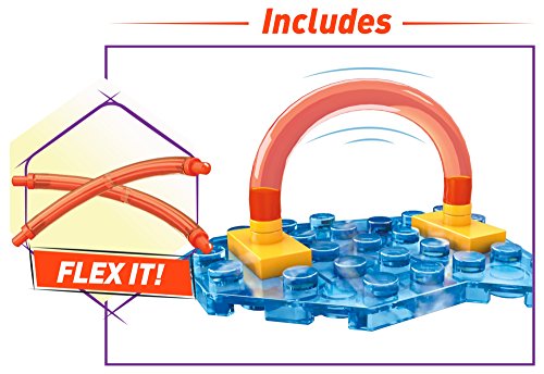 Bendable orange tube piece arched between two yellow bricks on a blue base plate