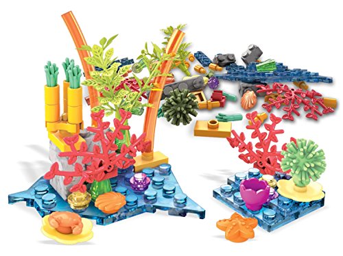 Built coral reef scene with red coral, green seaweed, sea urchin and blue base plates