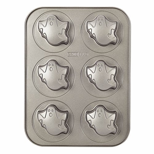 Top view of the grey 6-cup pan with raised ghost shapes