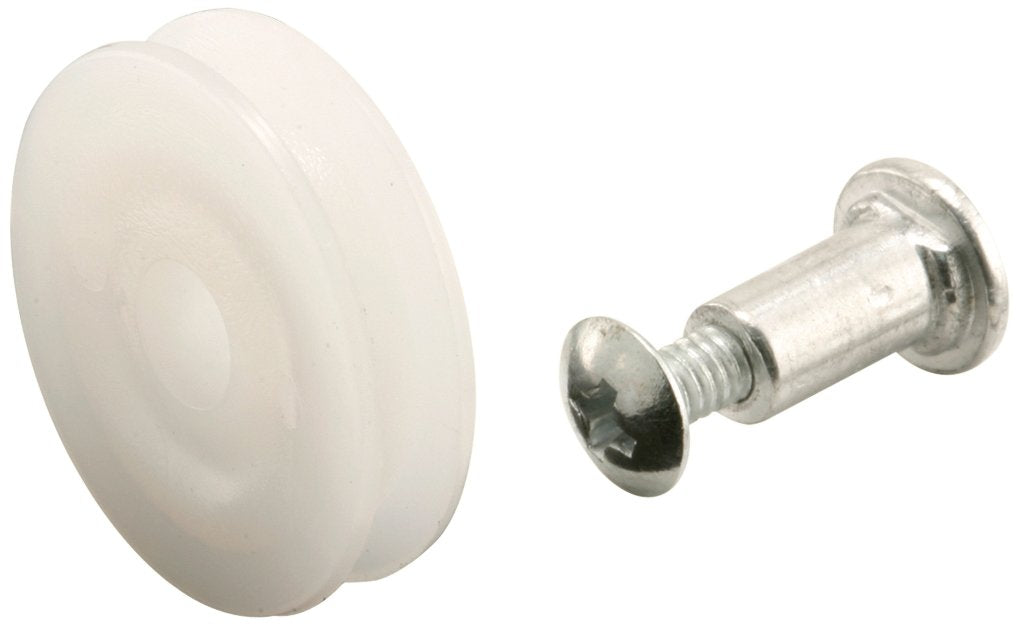White nylon screen door roller wheel beside its steel axle screw