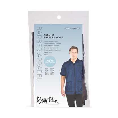 Betty Dain Premier Barber Jacket, Soft, Lightweight, Water Resistant Nylon Repels Hair, Zippered Front, Two Angled Lower Pockets with Zippered Bottoms, Angled Chest Pocket, Navy, S