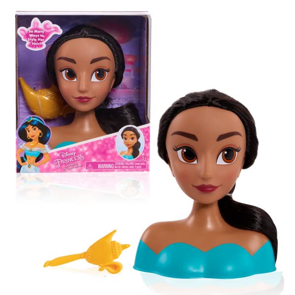 Boxed and unboxed Jasmine styling head in a teal top with a gold lamp brush