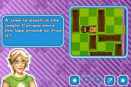 Sliding logs puzzle to free a stuck jeep, with a cartoon girl in headphones
