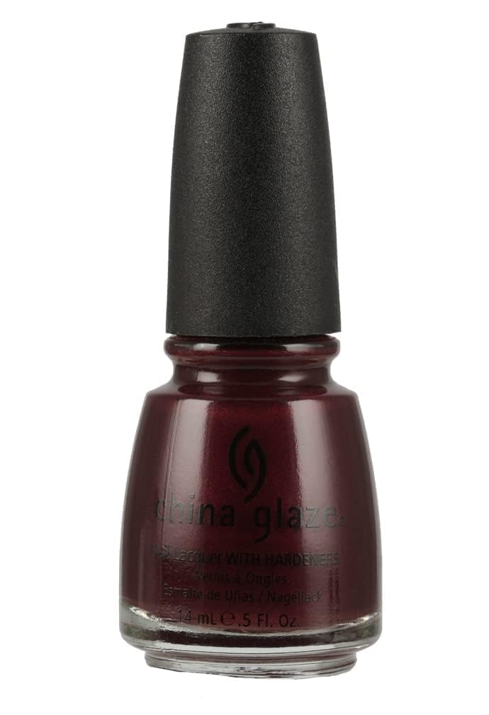 Bottle of deep burgundy shimmer nail lacquer, front view
