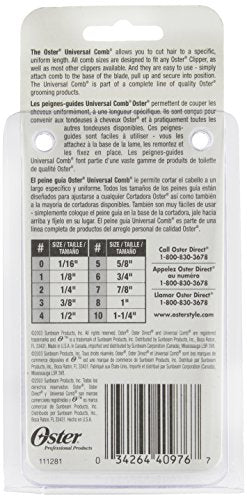 Back of the comb guard pack with a size chart from 1/16 to 1-1/4 inch