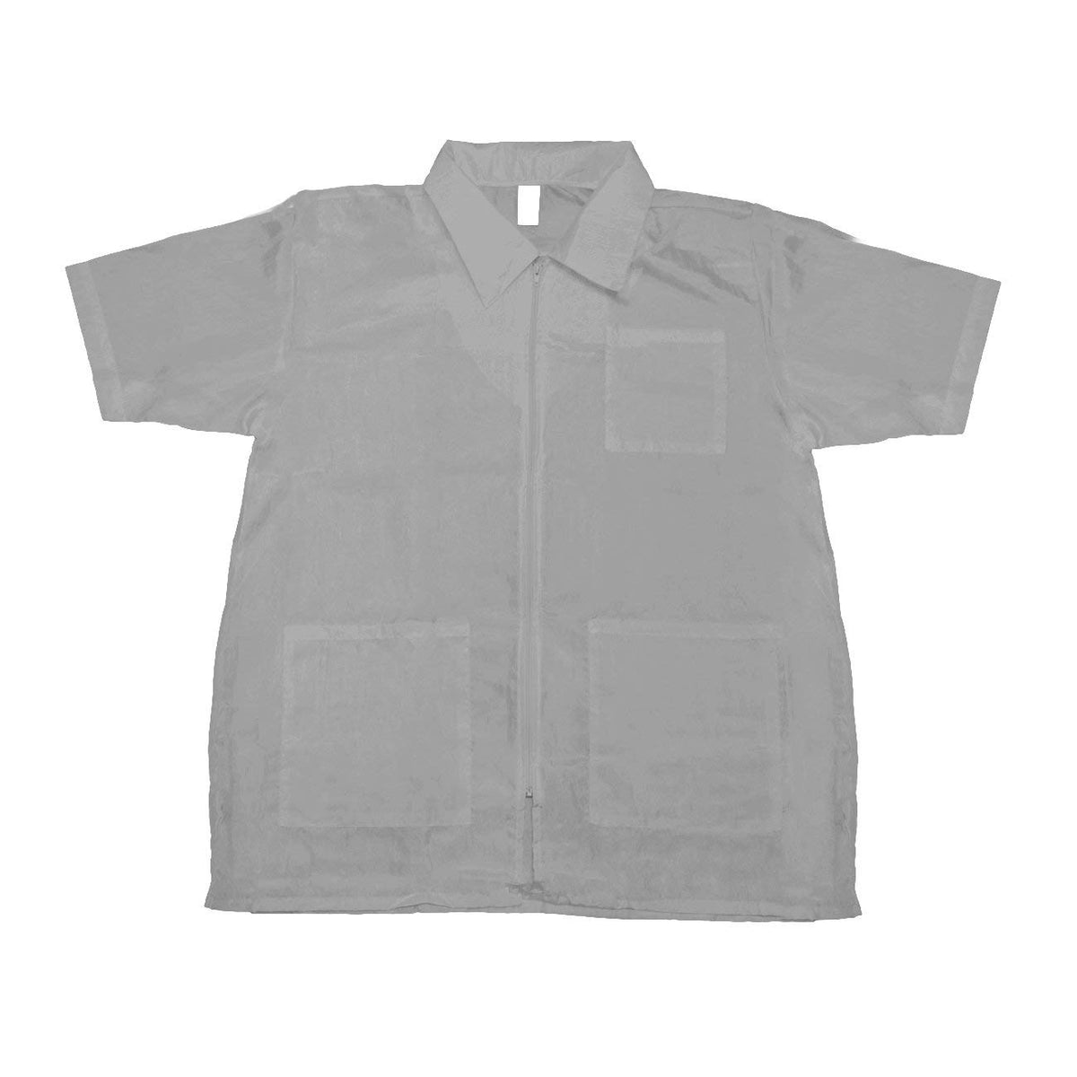 Gray short-sleeve nylon barber jacket with zip front, collar and three pockets