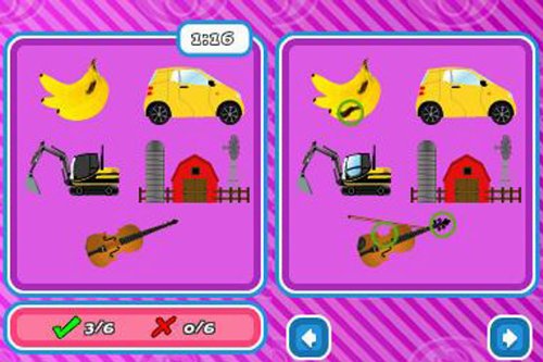 Spot the difference game screen with a banana, yellow car, digger, barn and violin