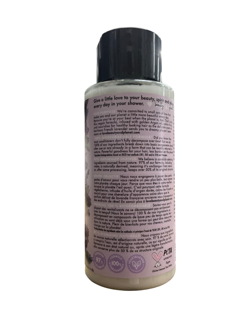 Back of the lavender conditioner bottle with English and French description