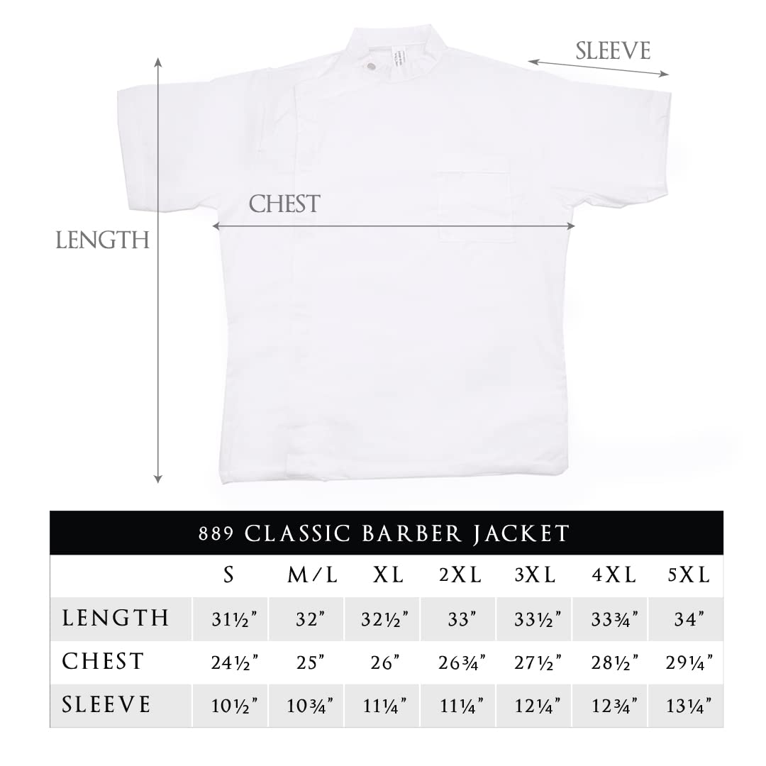 Flat white barber jacket with a size chart for length, chest and sleeve from S to 5XL