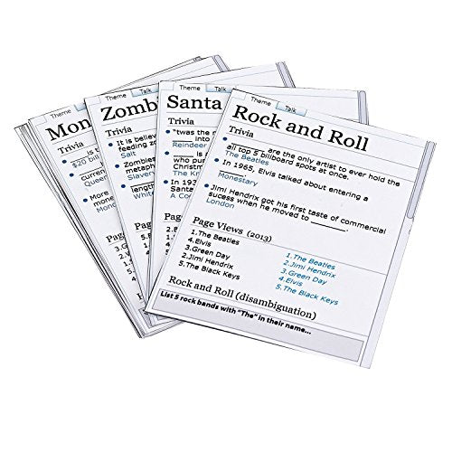 Fanned trivia cards styled like web pages, with Rock and Roll on top