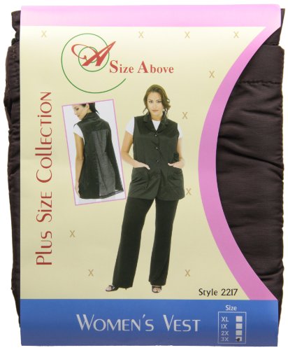 Packaged plus size women's vest with a model wearing it, 3X box ticked