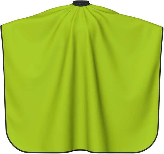 Lime green hair cutting cape with black trim and neck snap