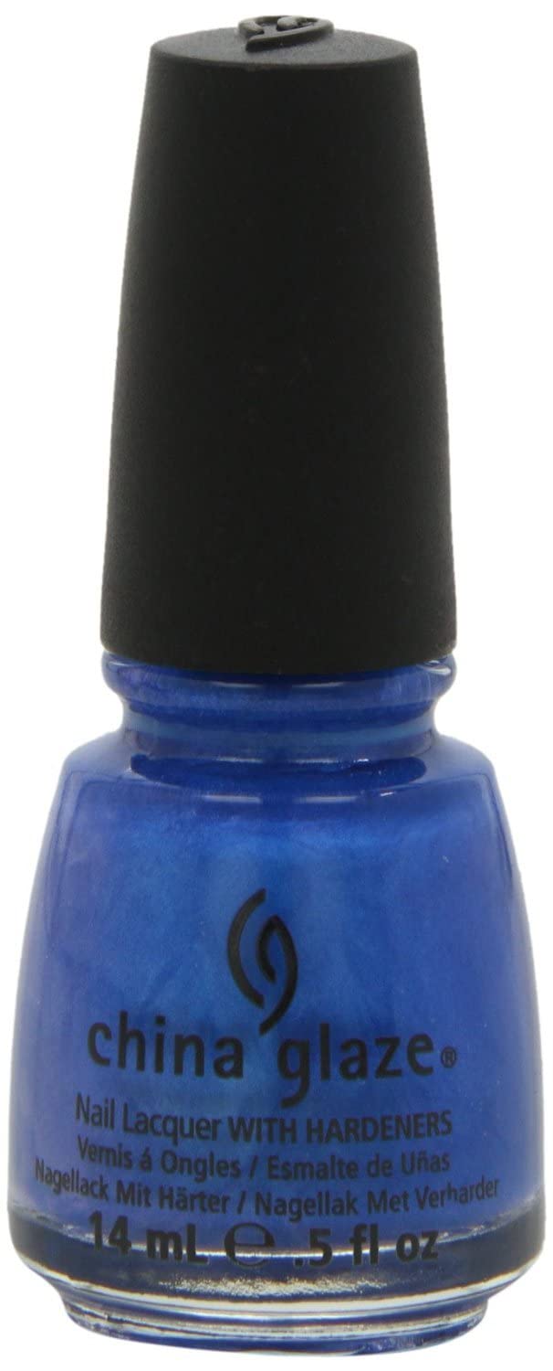 Front of a shimmery cobalt blue nail polish bottle, 14 ml