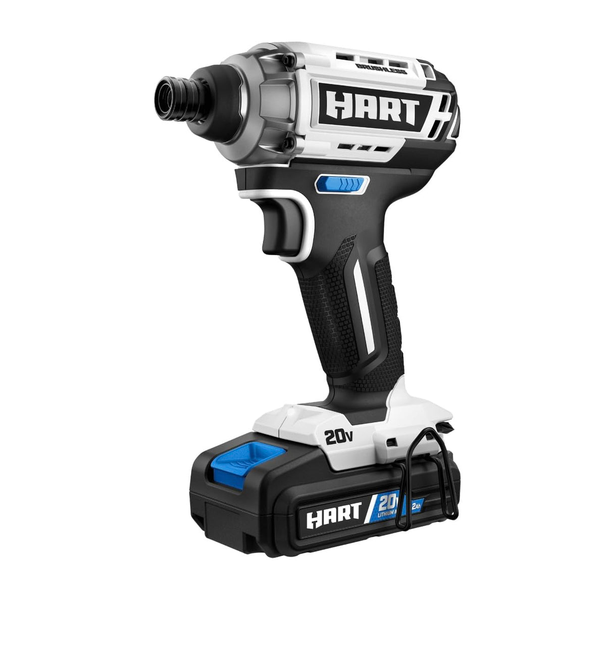 White and black HART brushless impact driver with a 20V battery attached
