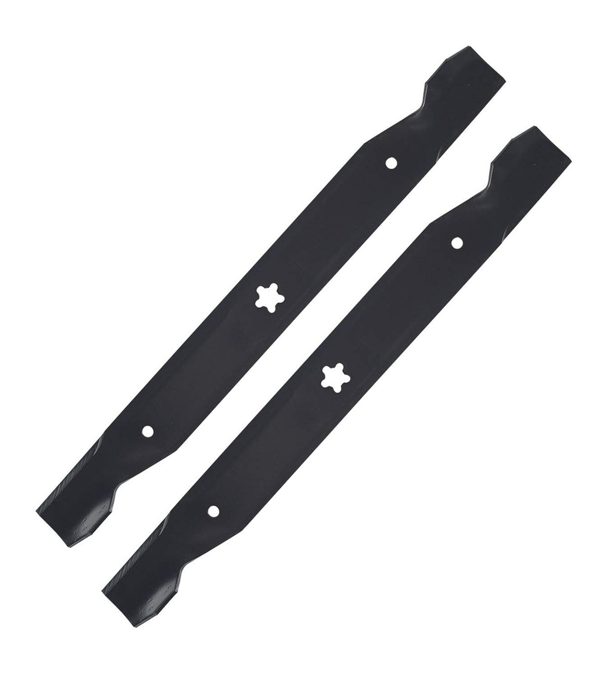 Two black riding mower blades with star-shaped centre holes