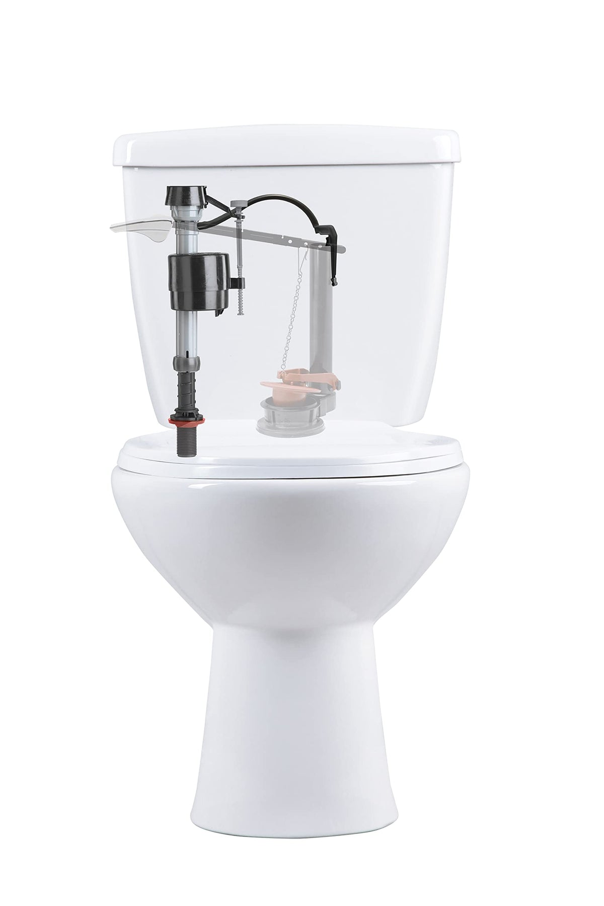 Fill valve shown installed inside a see-through white toilet tank