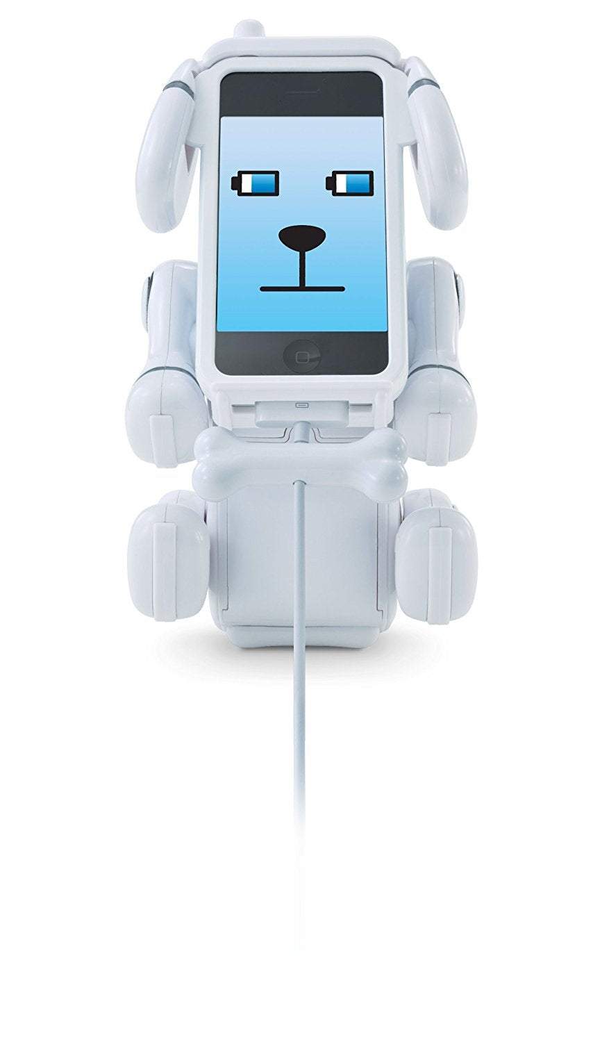 White robot dog charging with a bone-shaped connector and battery-icon eyes
