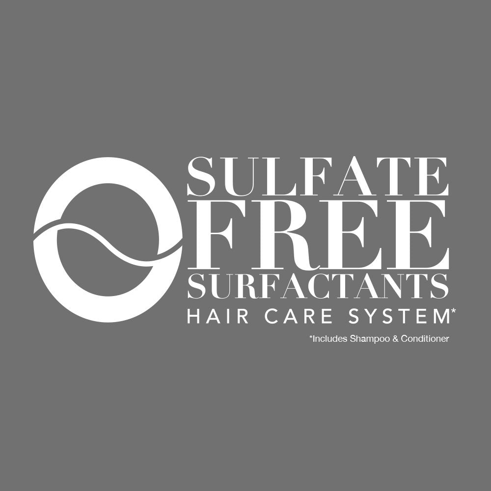 White sulfate-free surfactants hair care system badge on a grey background