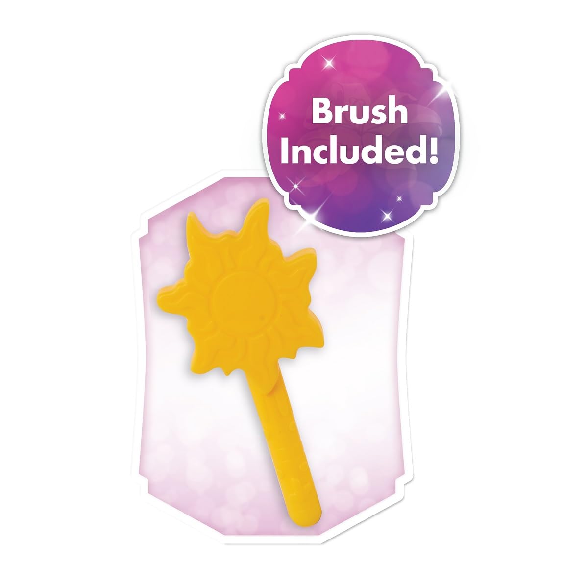 Yellow sun-shaped toy hairbrush with a Brush Included badge