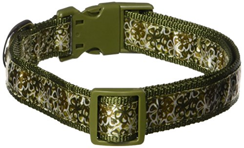 Olive green nylon dog collar with a cream and green floral ribbon overlay and green buckle