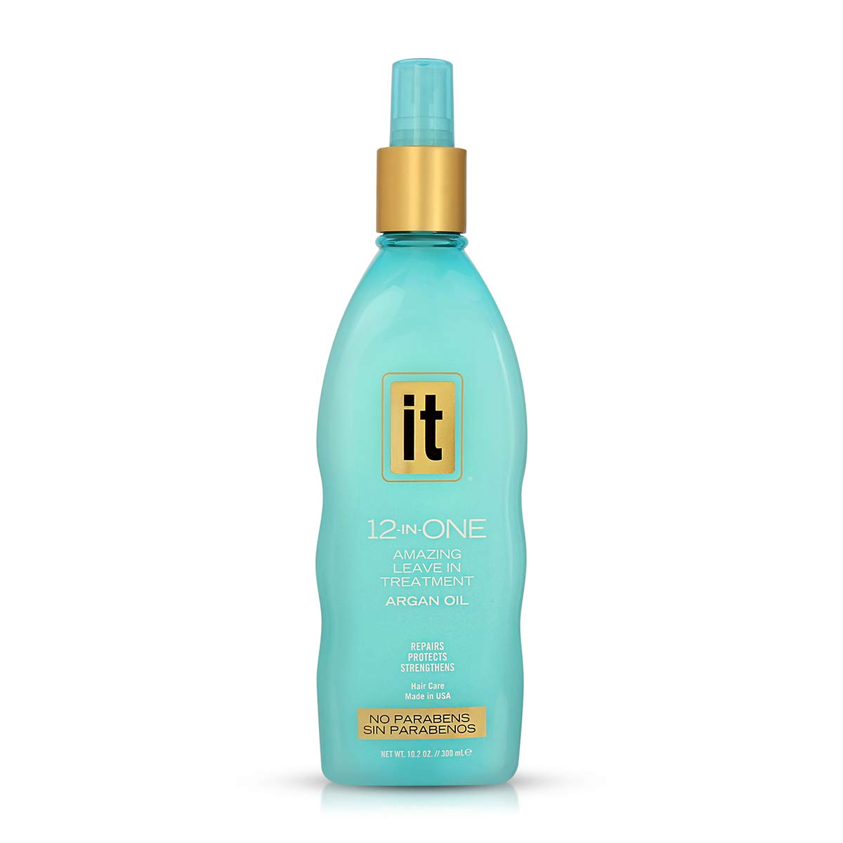Turquoise spray bottle of argan oil leave-in treatment with a gold collar, 300 ml