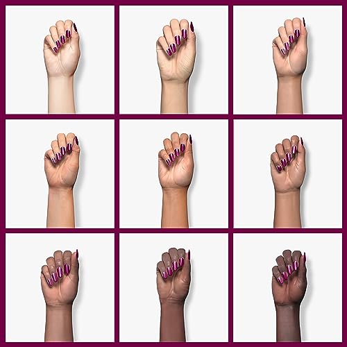 Grid of nine hands in different skin tones wearing metallic magenta polish