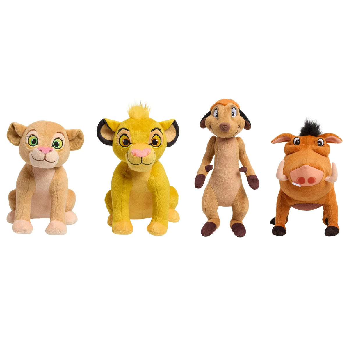 Four plush toys in a row: tan lion cub, yellow lion cub, meerkat and warthog
