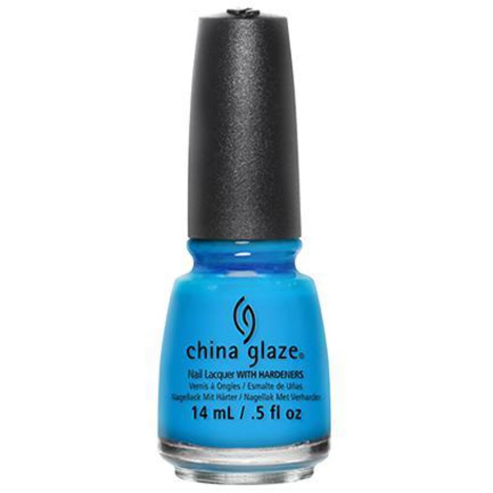 Bottle of bright sky blue creme nail lacquer with a black cap
