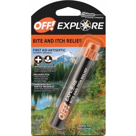 Orange and black bite and itch relief pen with sponge tip on a mountain lake blister card