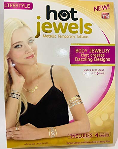 Hot Jewels Lifestyle metallic temporary tattoo box with a model wearing gold necklace and arm tattoos