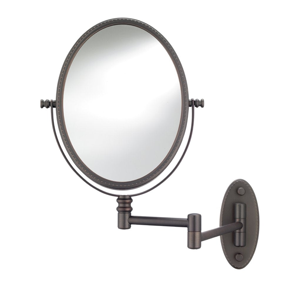 Oval beaded makeup mirror in oil rubbed bronze on a swing-arm wall mount
