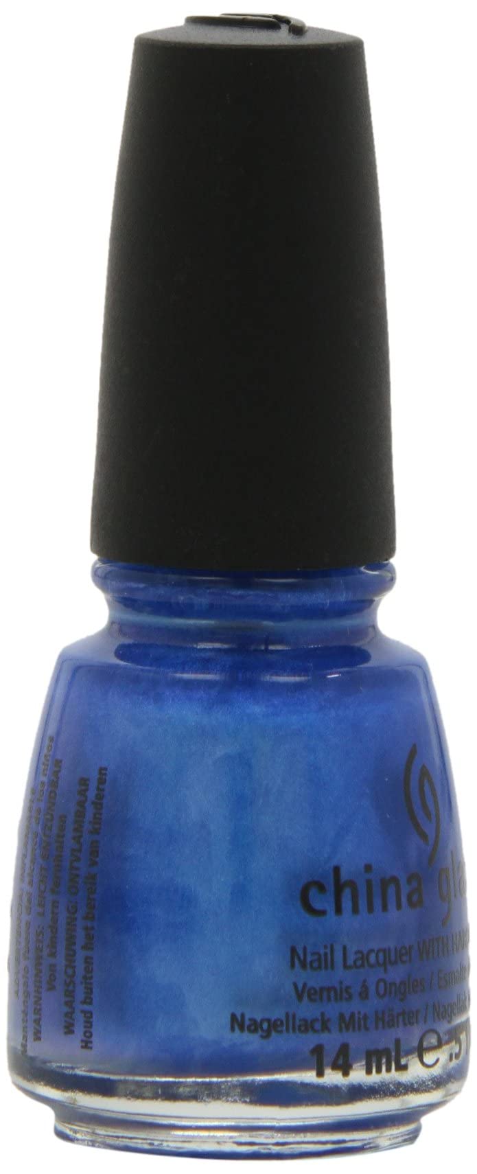 Angled view of the pearly cobalt blue polish bottle with warning text