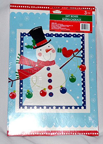 Wrapped pack of gift boxes with a snowman holding a bird and ornaments