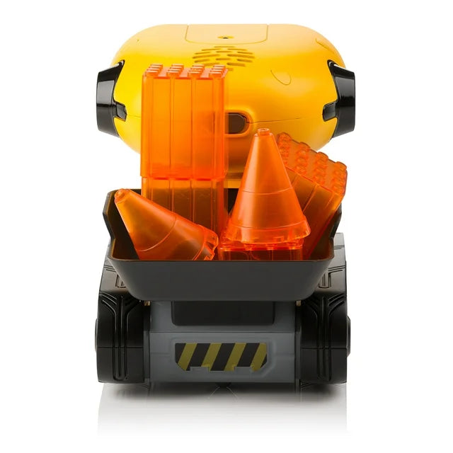 Back of the robot with its black bucket full of orange cones and blocks