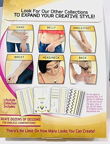 Back of the Hot Jewels box showing tattoos on hand, belly, ankle, wrist, neck and back, plus four sheets