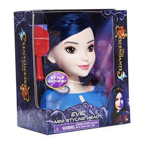 Angled Descendants 3 box with the blue-haired Evie styling head and red brush