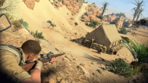 Gameplay scene of a sniper aiming at a tent camp among desert rocks