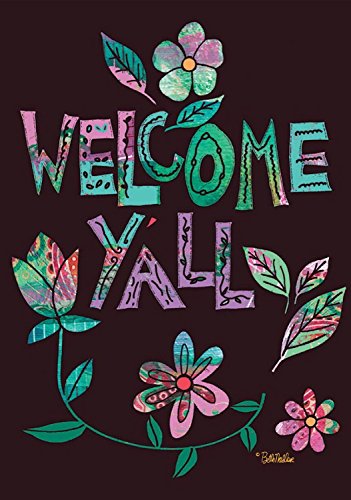 Flat view of the Welcome Y'all flag with collage-style flowers and leaves