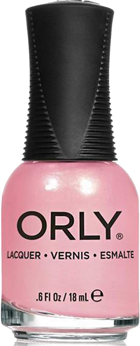 ORLY Girly nail polish bottle, pastel pink with pearl shimmer, black ribbed cap