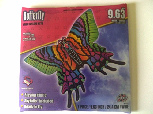 Packaged rainbow butterfly kite with green, orange and purple wings
