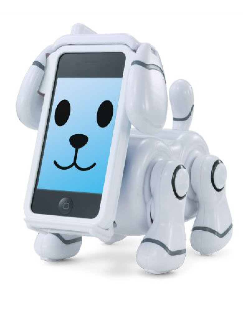 White robot puppy toy holding an iPhone as its head with a smiling dog face on screen