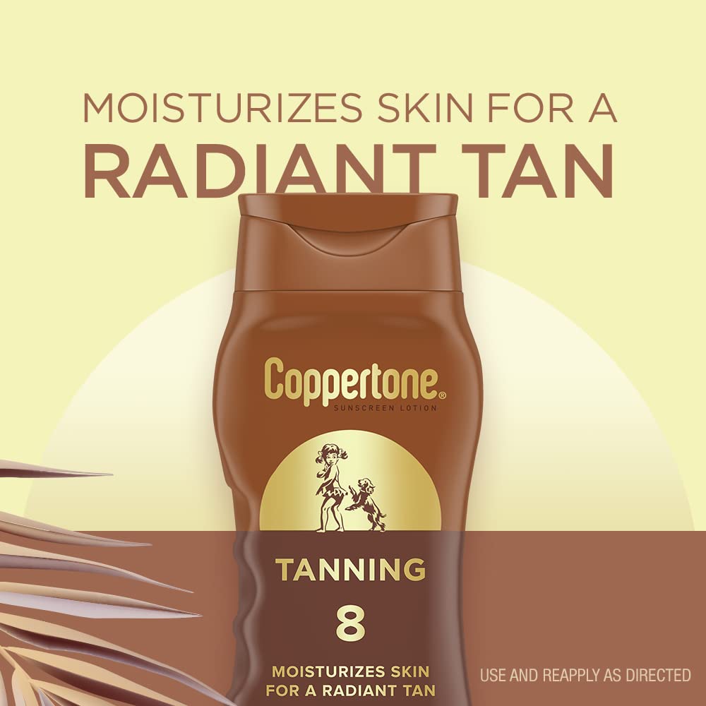 Brown SPF 8 tanning lotion bottle in front of a pale sun with a palm leaf