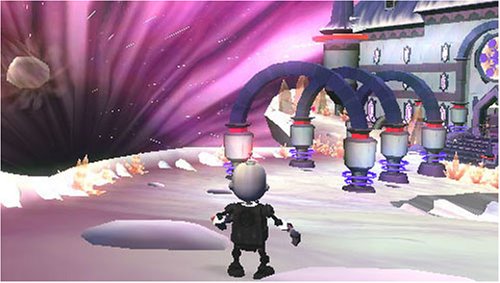 In-game scene of Clank walking toward a purple castle under a pink swirling sky