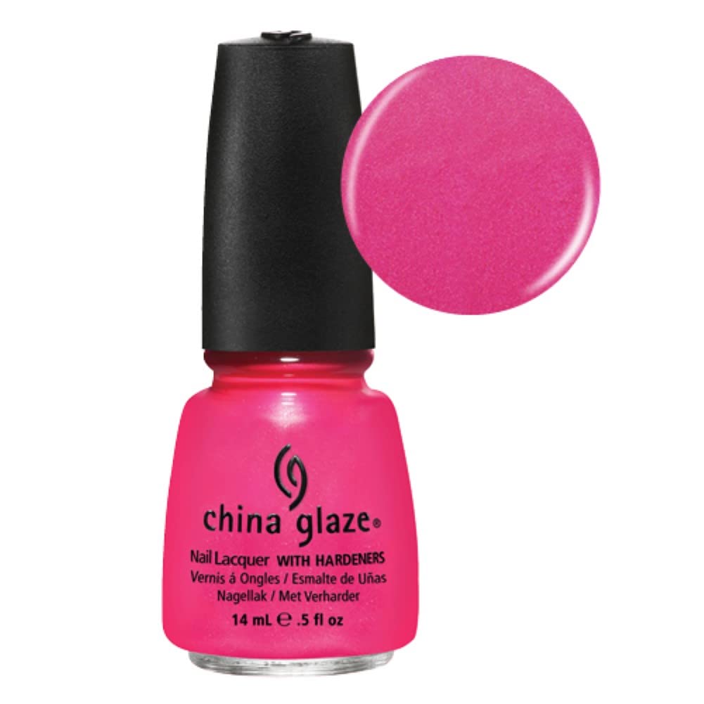 Neon pink shimmer polish bottle beside a round pink swatch