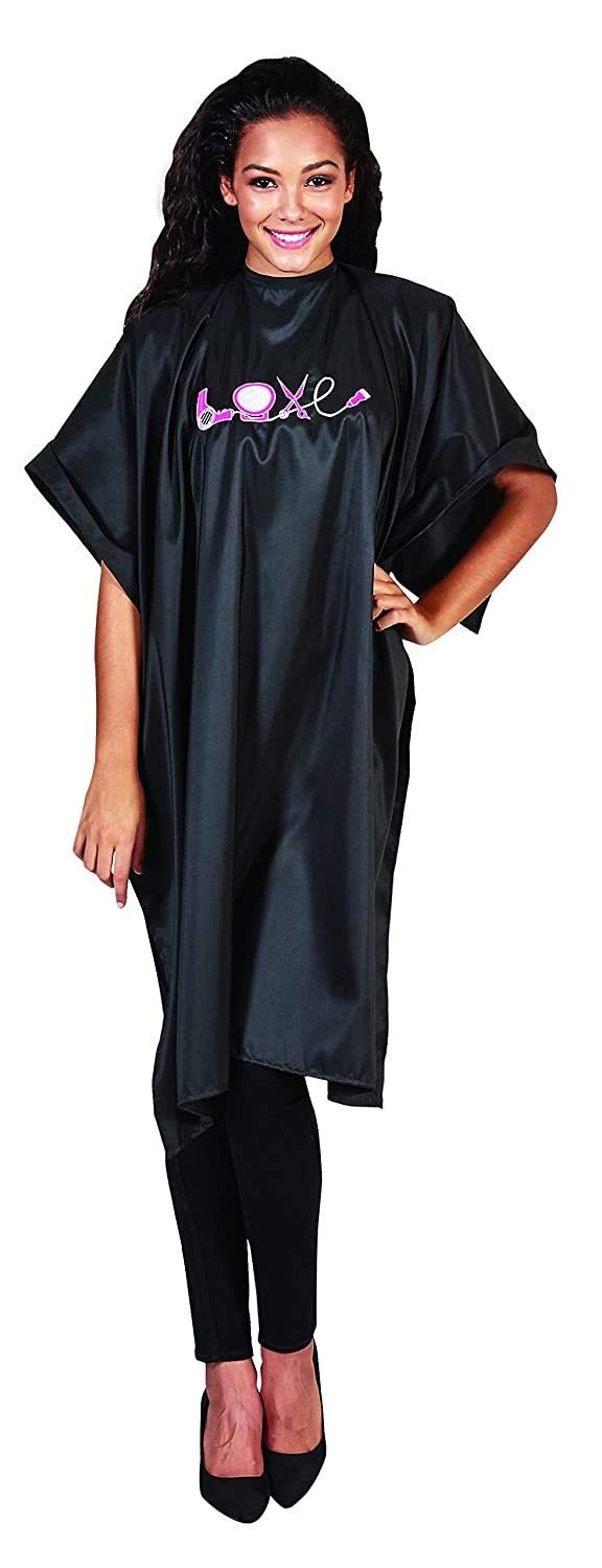 Woman wearing a black styling cape with pink and white embroidered salon tools spelling LOVE