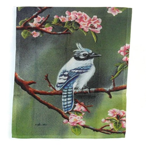 Garden flag painted with a blue jay on a branch of pink apple blossom