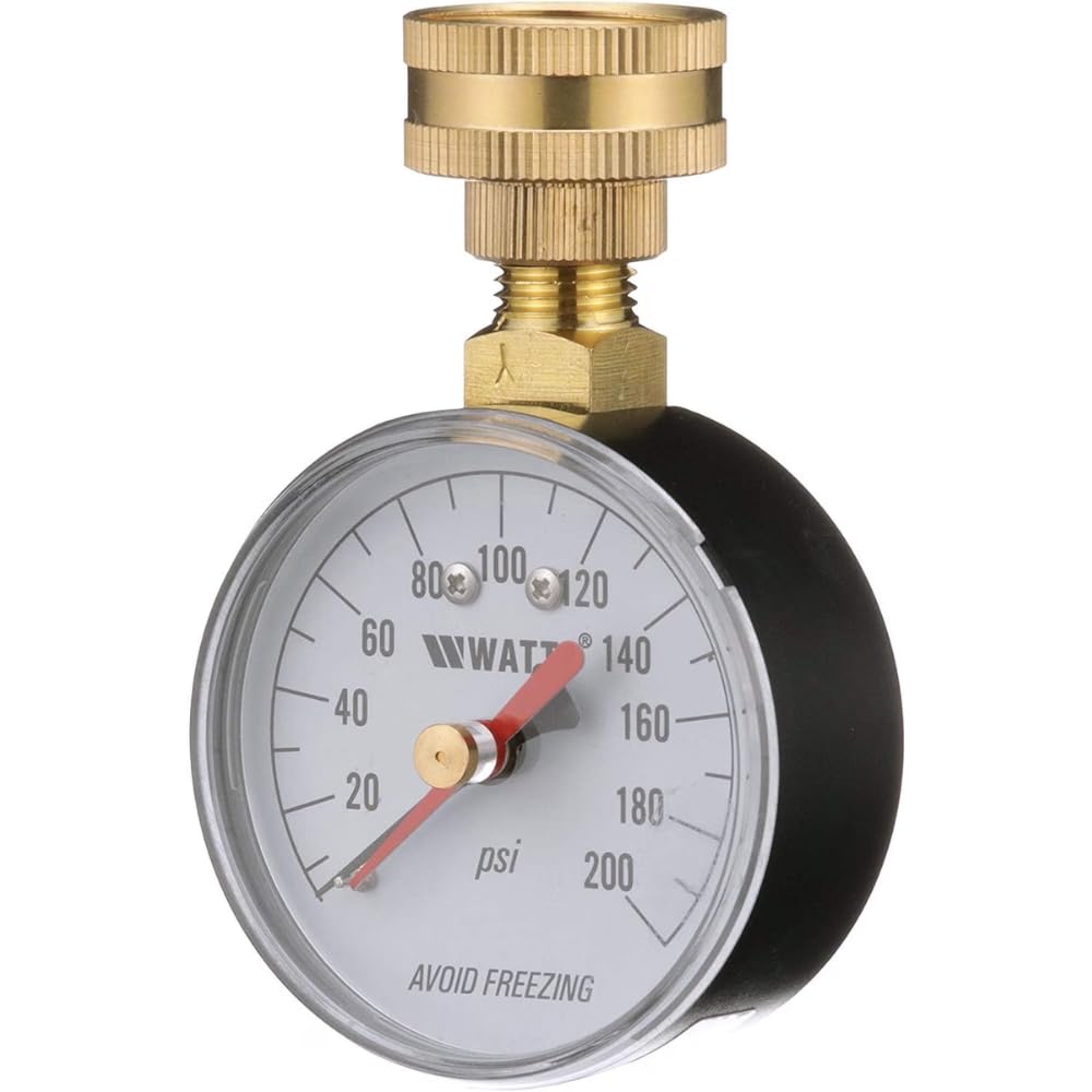 Watts water pressure test gauge with brass hose fitting and 0-200 psi dial