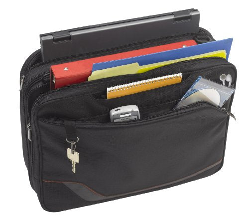 Open laptop case packed with a laptop, folders, notebook, phone and keys