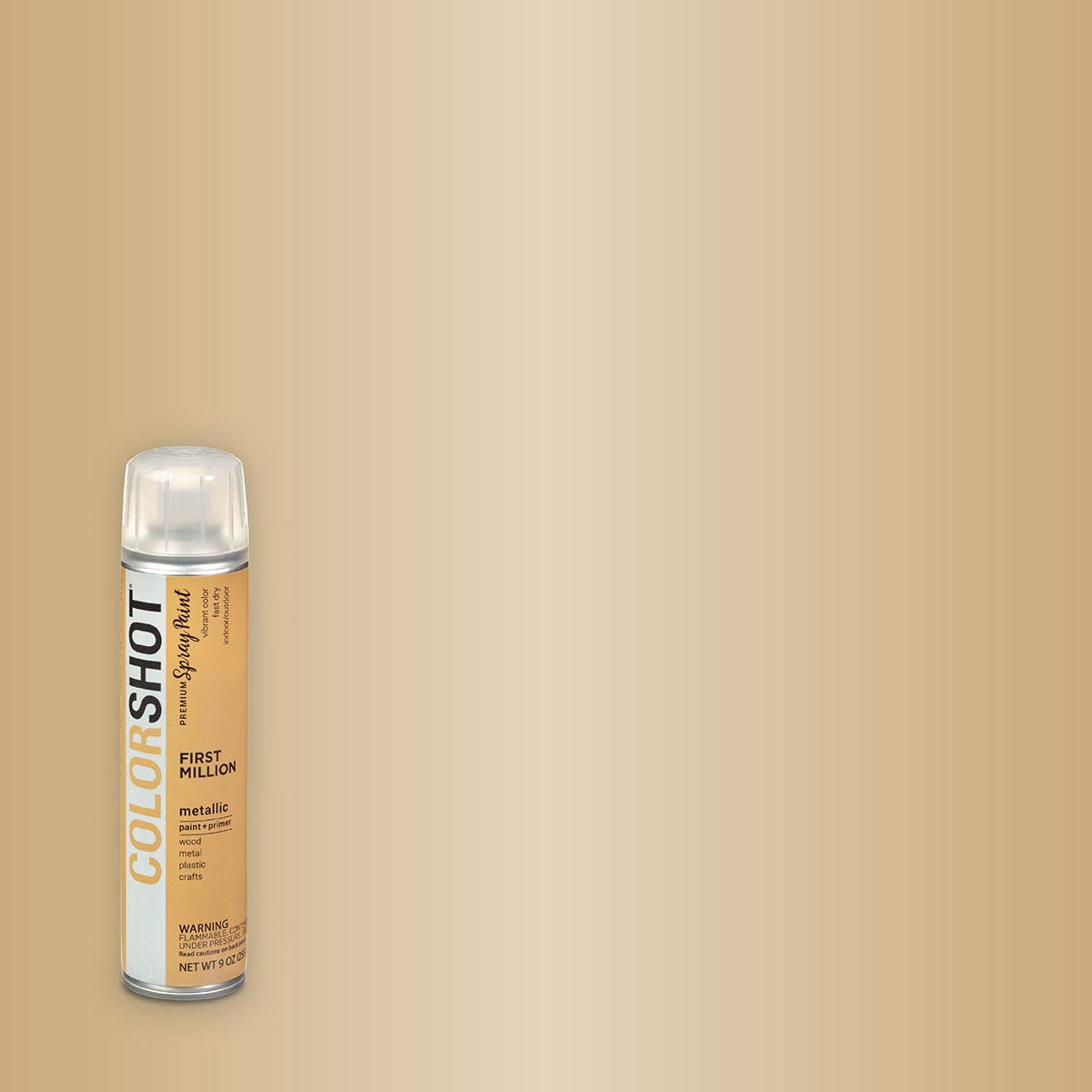 First Million spray paint can on a swatch of its shimmering pale gold colour